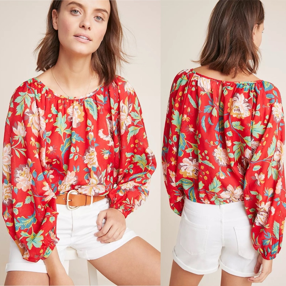 Maeve Lake House Blouse Floral Red Summer Cotton Size XS - Picture 2 of 13